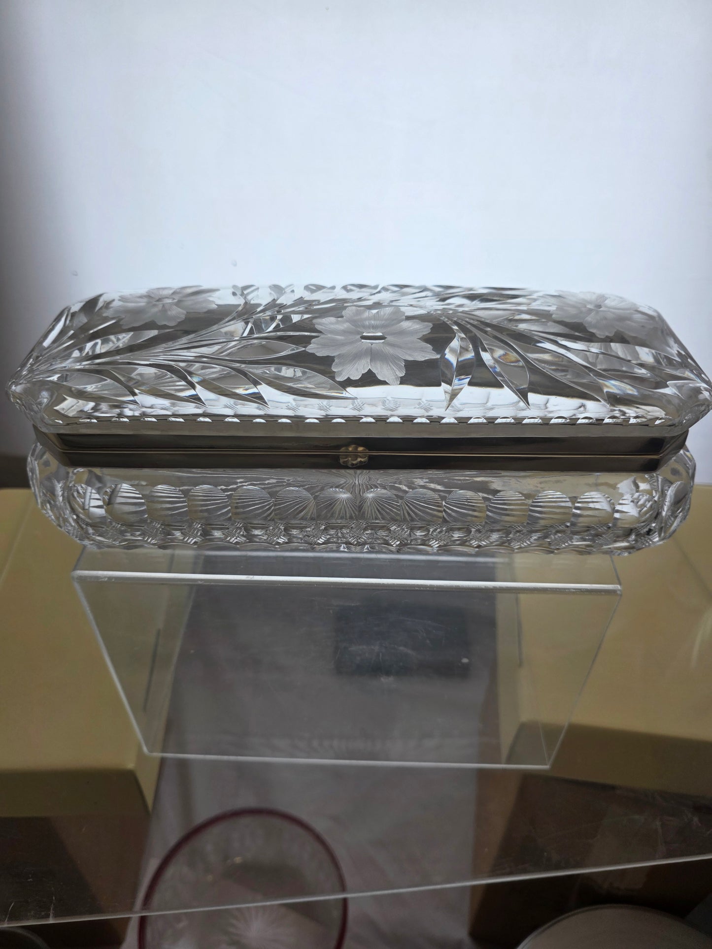 American Brilliant Period Cut Glass handkerchief box with  silver lid Antique abp
