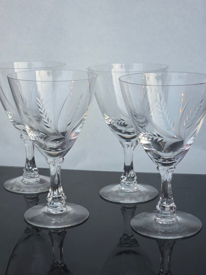 4 Signed Fostoria goblets glass Wheat pattern Hand cut Crystal