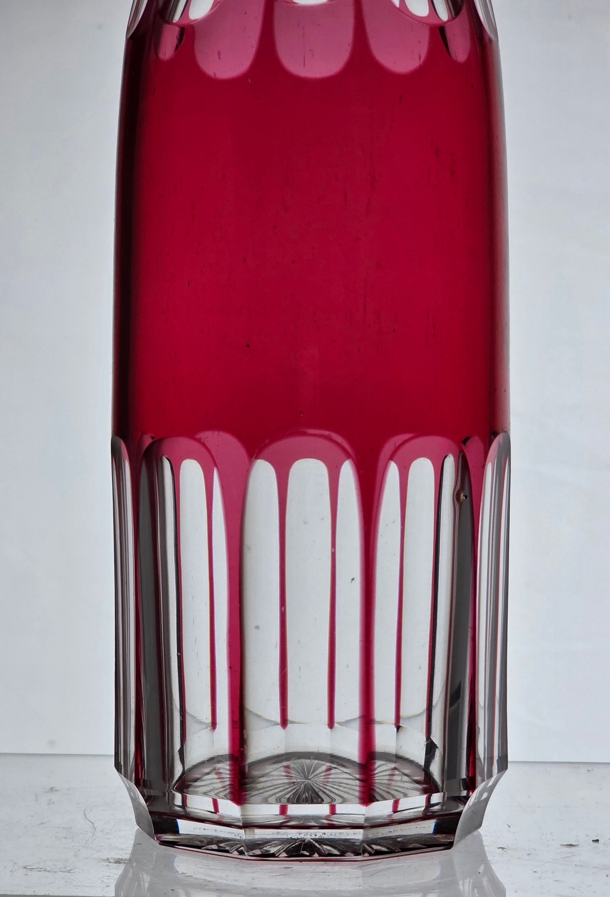 Hand Cut to clear cranberry decanter PA21