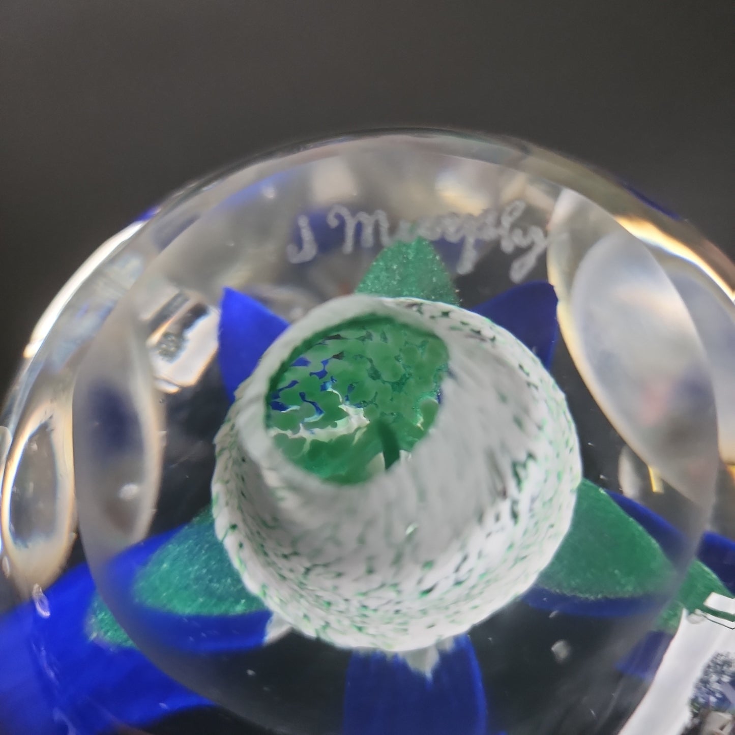 Art glass blue paperweight Signed J. Murphy