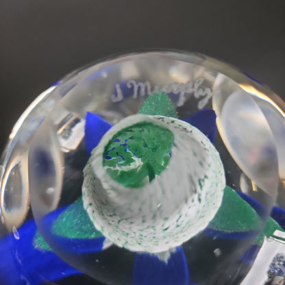 Art glass blue paperweight Signed J. Murphy