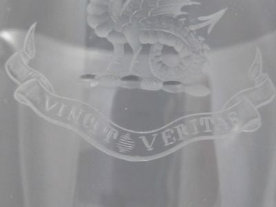 pouring glass goblet VINCIT VERITAS TRUTH CONQUERS COPPER WHEEL ENGRAVE - O'Rourke crystal awards & gifts abp cut glass