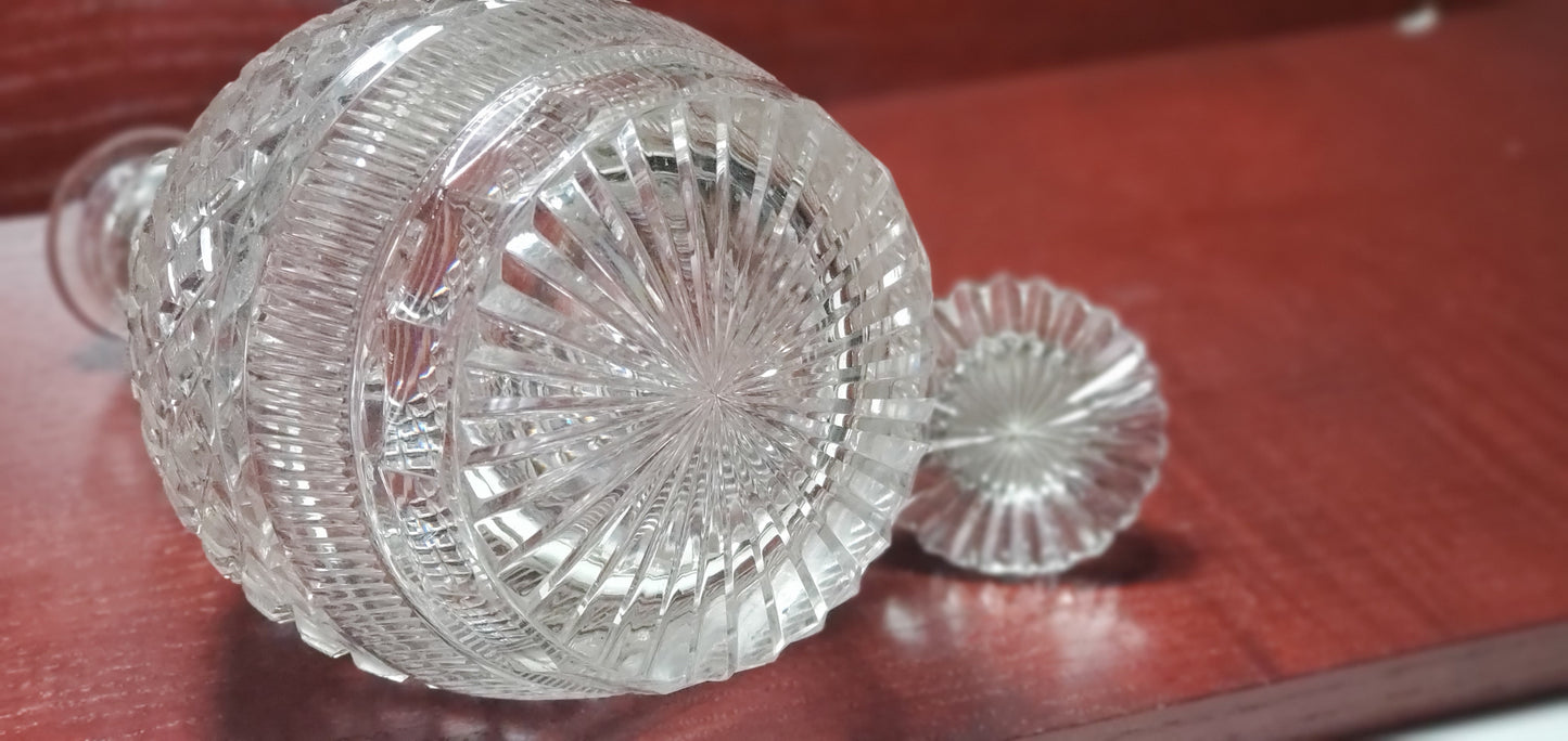 Hand Cut glass 3 ring neck decanter with mushroom stopper Antique