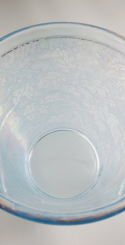 Etched blue glass ice bucket with handle