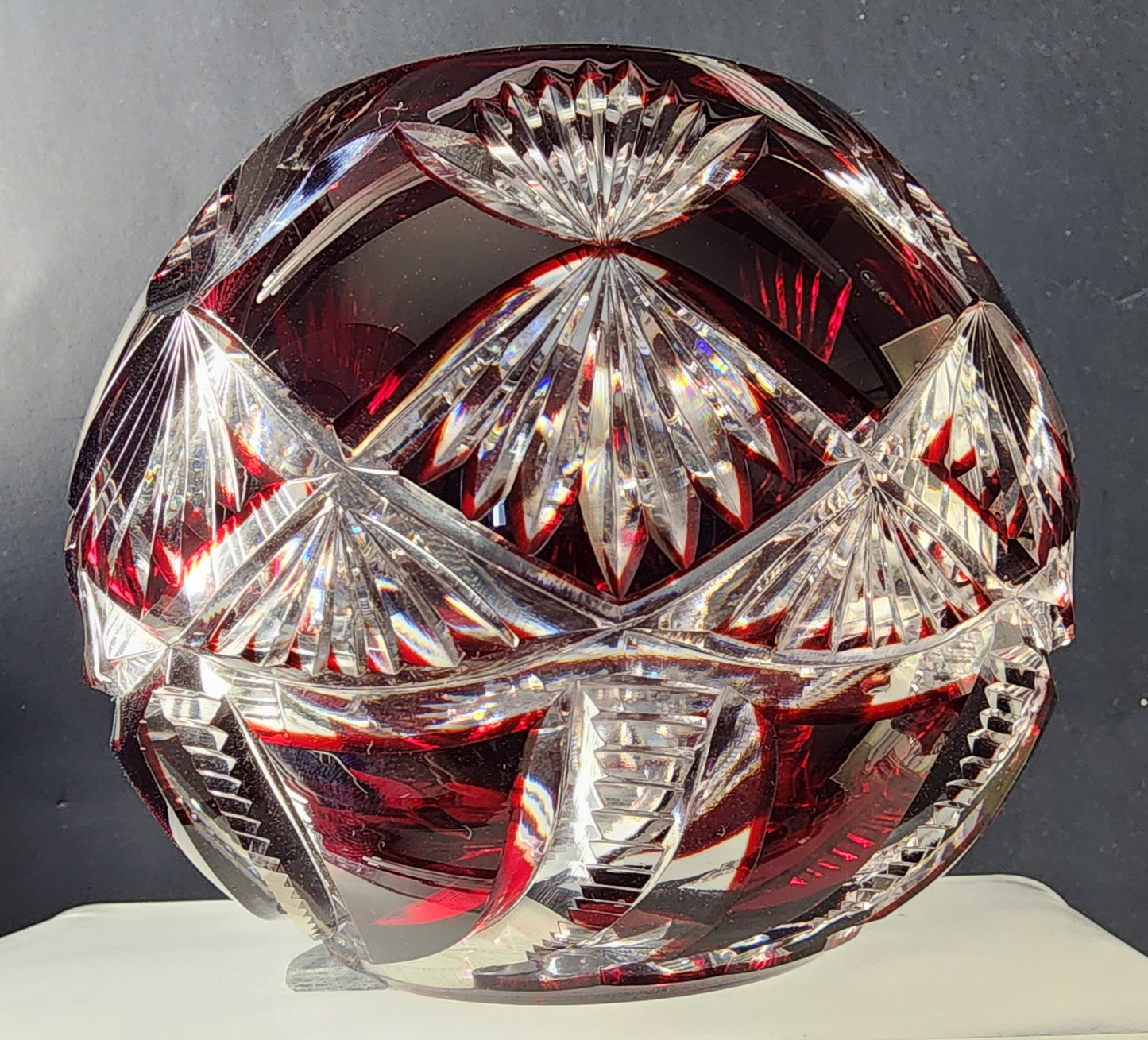 Hand cut to clear and hand polished cranberry bowl