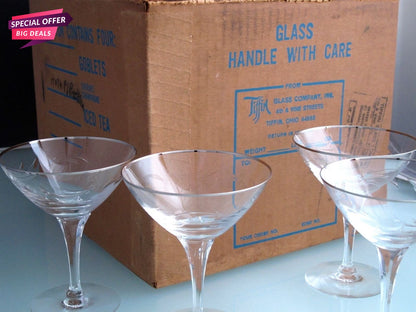4 Tiffin Rivirea platinum Hand cut glass desserts never used, in shipping box - O'Rourke crystal awards & gifts abp cut glass