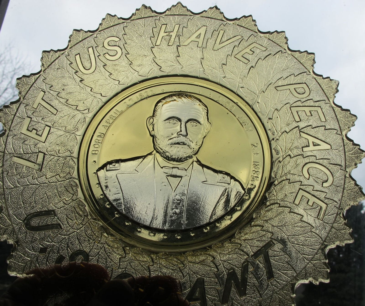 S.Grant amber "LET US HAVE PEACE" GLASS PLATE - O'Rourke crystal awards & gifts abp cut glass