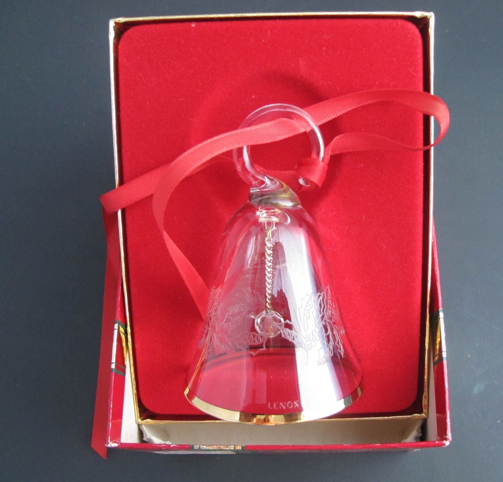 Lenox Crystal 1985 Holly  miniature bell ornament Hand blown Made in USA - O'Rourke crystal awards & gifts abp cut glass