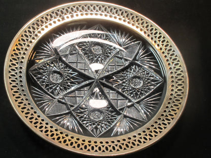 Sterling silver rim Cut Glass dish Antique