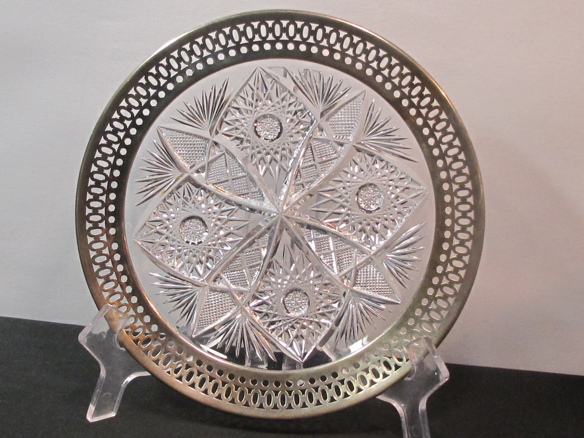Sterling silver rim Cut Glass dish Antique