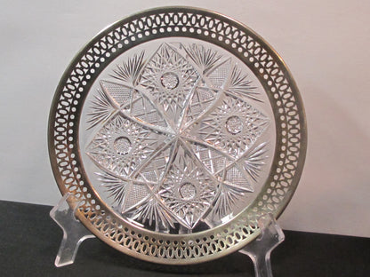 Sterling silver rim Cut Glass dish Antique