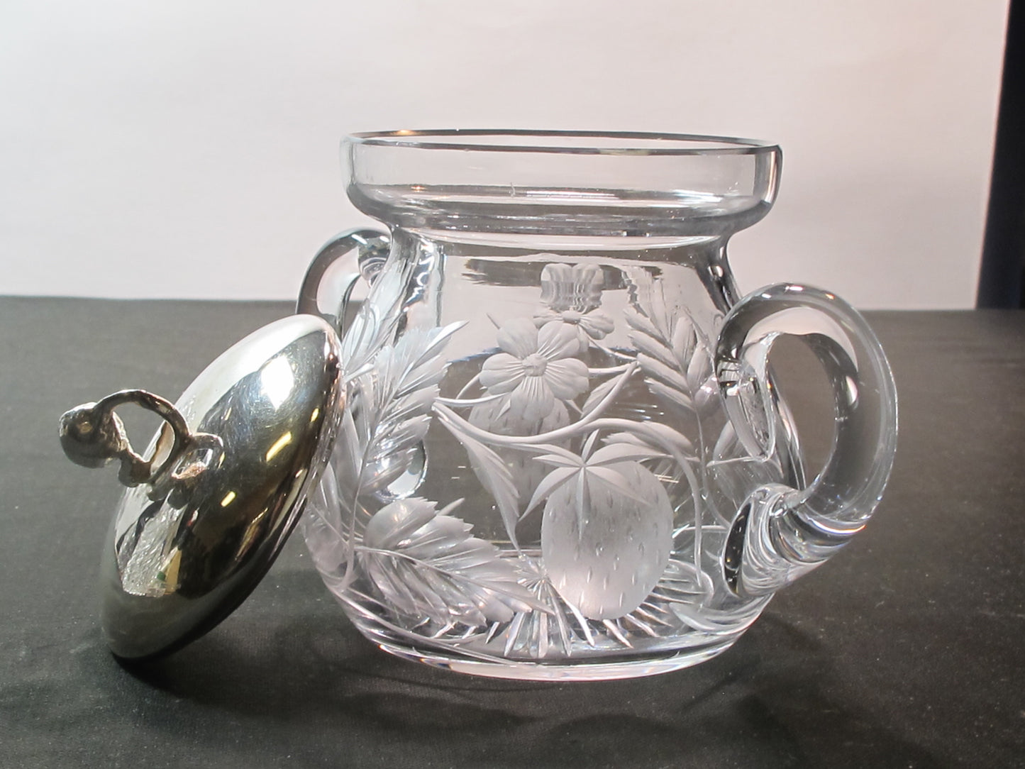 Hand Cut glass sugar Floral Strawberry silver lid