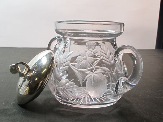 Hand Cut glass sugar Floral Strawberry silver lid