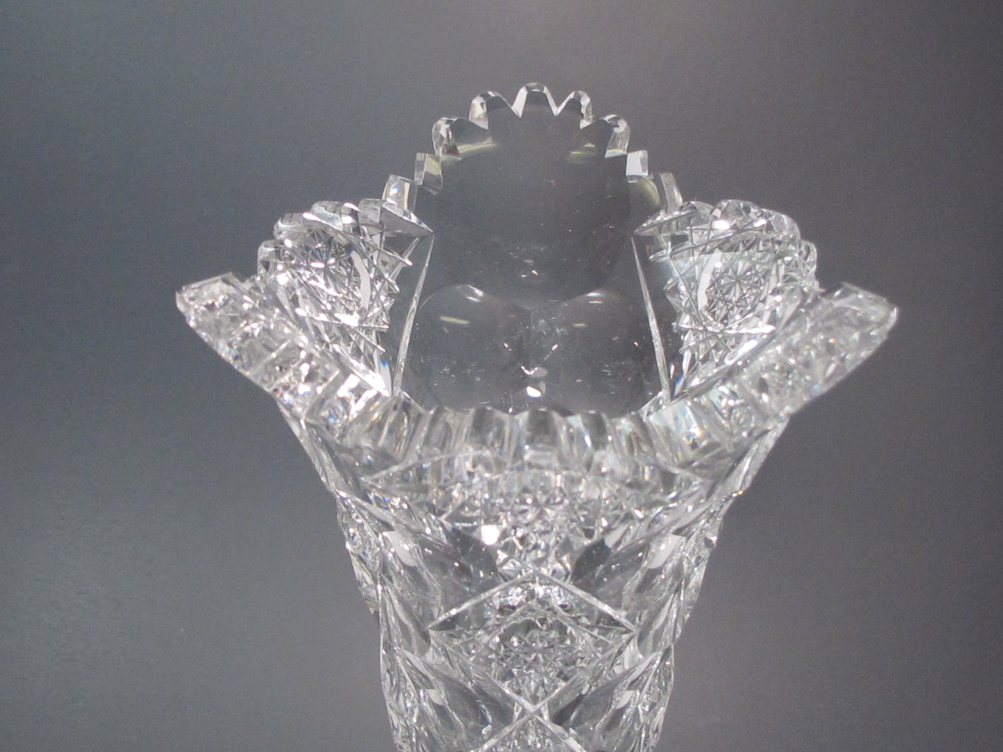 Repaired ABP cut glass Signed Hawkes Queens trumpet vase antique 14"