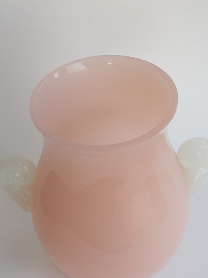 Steuben? vase Glass pink body white handles