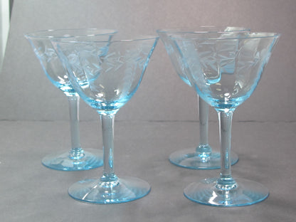 4 Hand cut glass cocktail glasses light blue