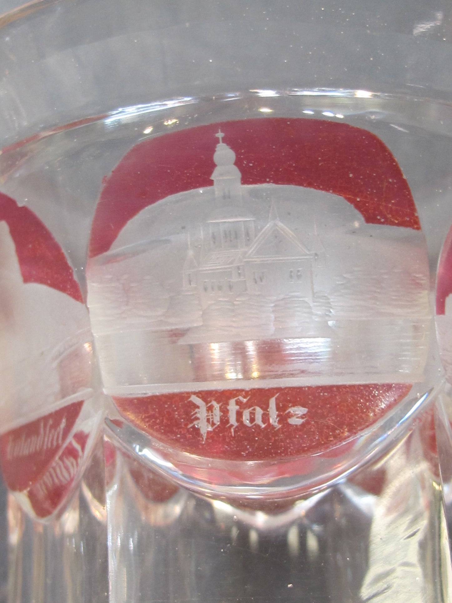 Copper wheel etched glass with buildings Germany Bavaria Red