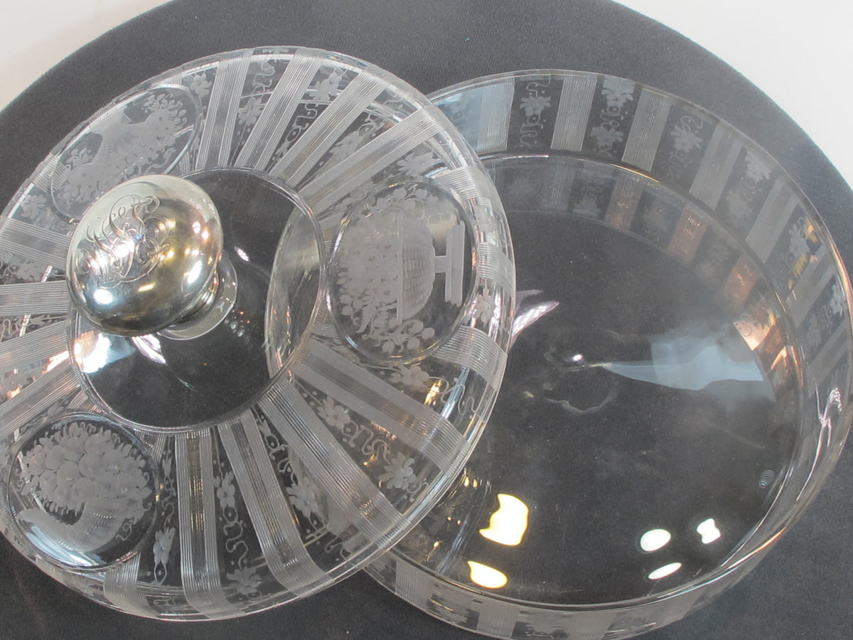 Signed Hawkes Millicent dresser dish with sterling knob lid hand Cut mouth blown glass