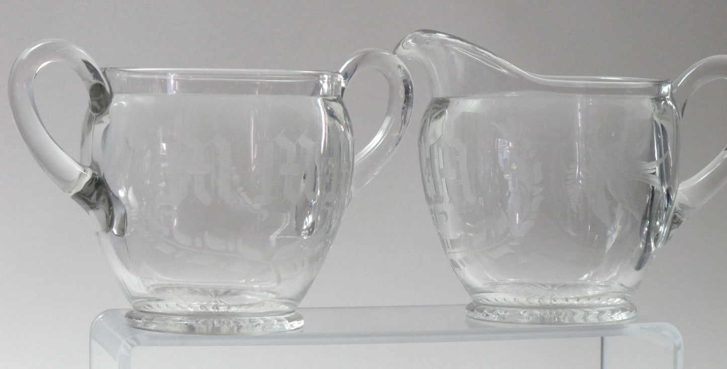 Cut Glass sugar and creamer, etched with initials MMM and bird - O'Rourke crystal awards & gifts abp cut glass