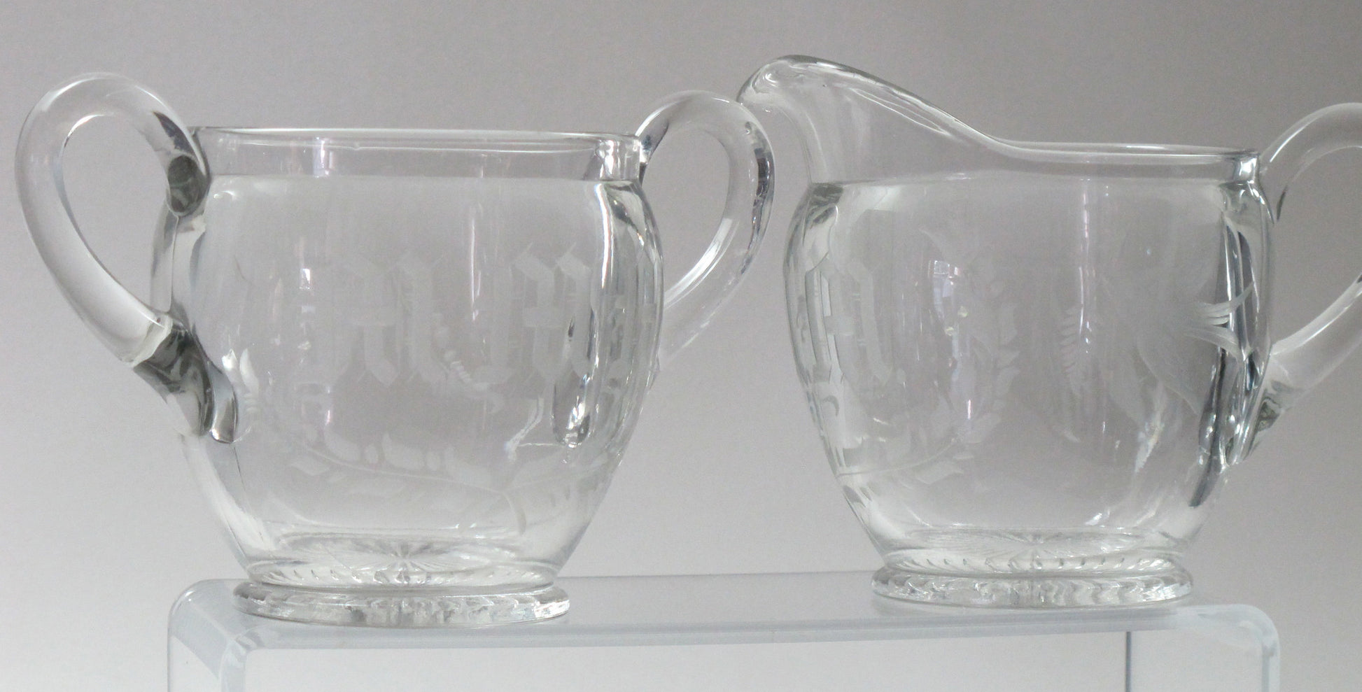 Cut Glass sugar and creamer, etched with initials MMM and bird - O'Rourke crystal awards & gifts abp cut glass