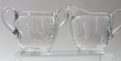 Cut Glass sugar and creamer, etched with initials MMM and bird - O'Rourke crystal awards & gifts abp cut glass