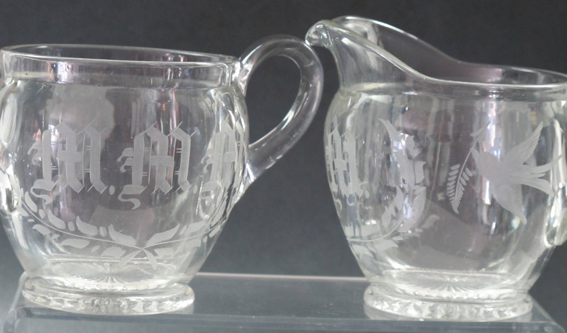 Cut Glass sugar and creamer, etched with initials MMM and bird - O'Rourke crystal awards & gifts abp cut glass