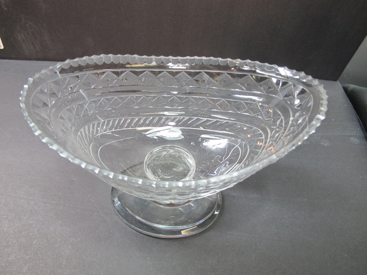 Hand Cut Glass pedestal oval dish Antique